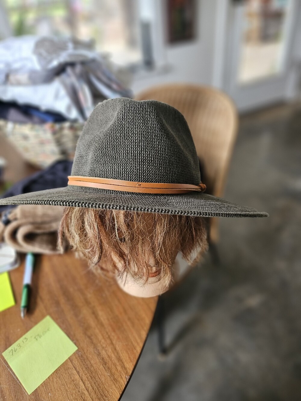 Anthropologie Khaki Green Woven Fedora Brim Hat Leather Band 22" Circumference